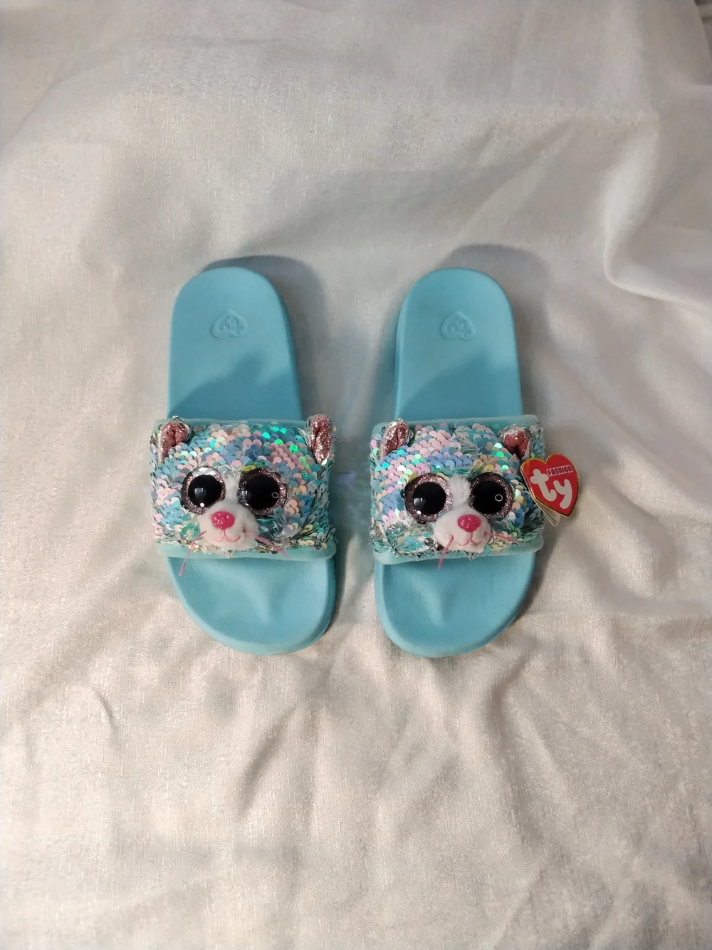 Ty Light Blue Sequin Bear Kids Slide Sandals